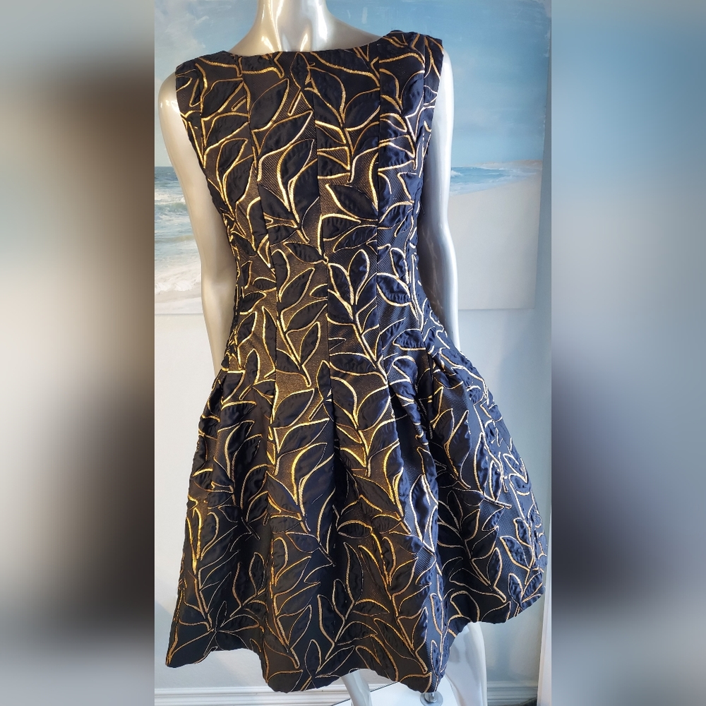 ♡$5,000 NEW OSCAR DE LA RENTA GOLD BLACK LEAF SILK RUNWAY DRESS US 10